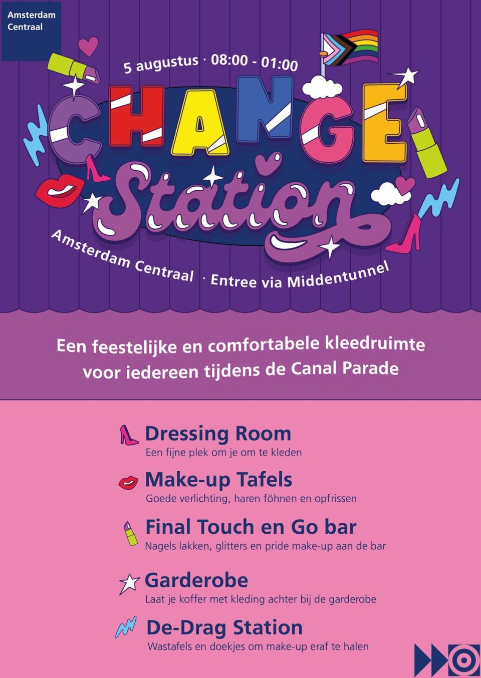Kleedruimtes op Amsterdam Centraal tijdens Canal Parade