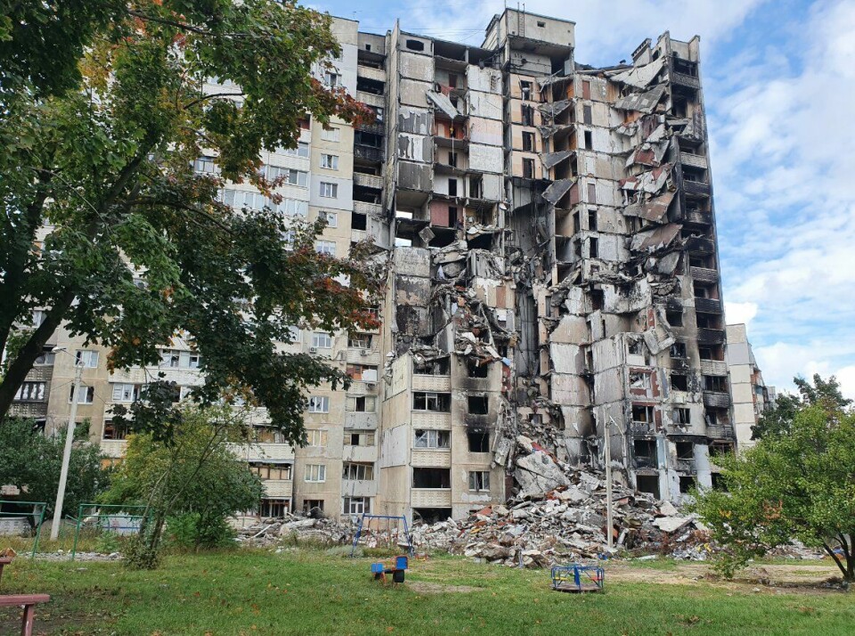 Charkiv verwoest gebouw door oorlog