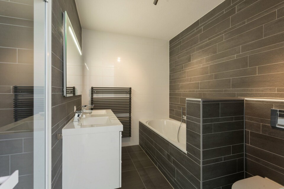 De luxueuze badkamer met ligbad, dubbele wastafel, toilet en ruime douche-/stoomcabine. Penthouse Spaarne
