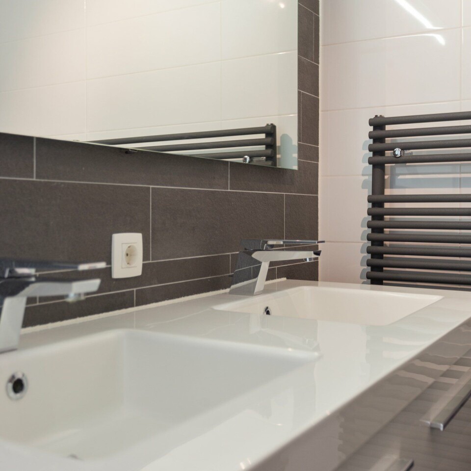 De luxueuze badkamer met ligbad, dubbele wastafel, toilet en ruime douche-/stoomcabine. Penthouse Spaarne