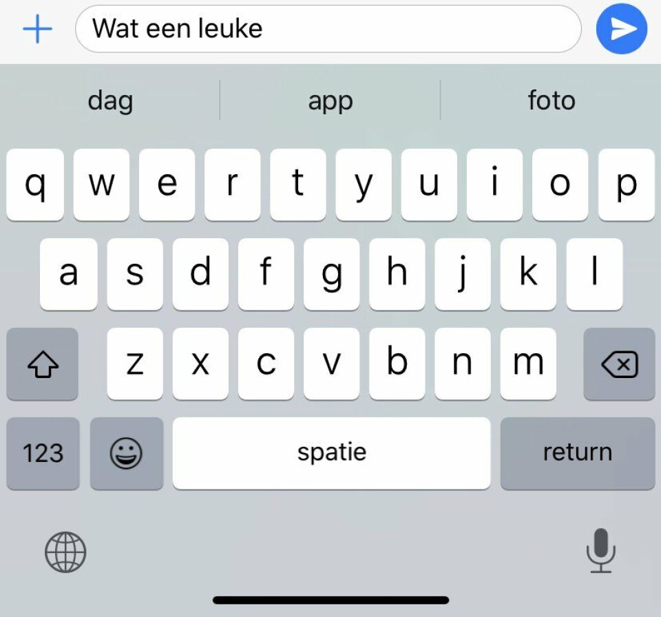 Screenshot van een iPhone, met in WhatsApp getypte tekst iPhone leuke dag