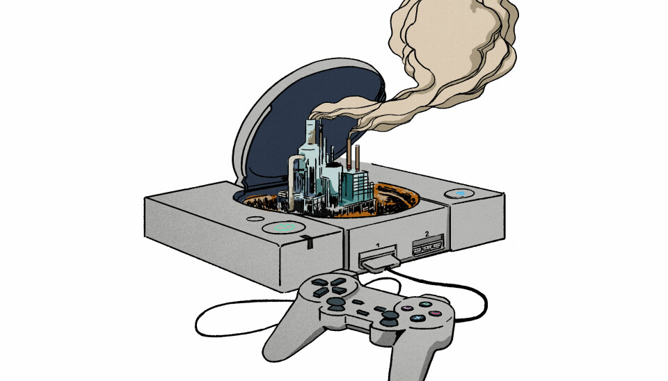 Illustratie van een spelcomputer met rookpluim