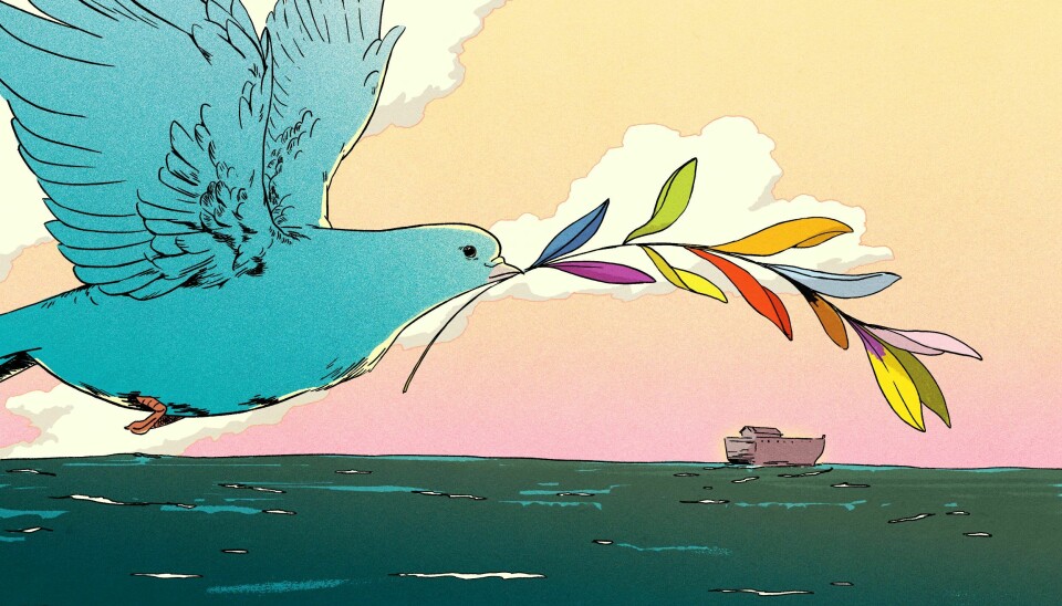 Illustratie van een vredesduif met regenboogtak