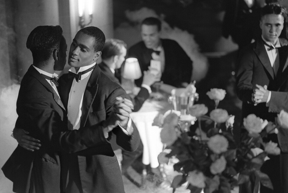 Isaac Julien, Pas de Deux with Roses (Looking for Langston Vintage Series), 1989/2016 Ilford classic silver gelatin fine art paper, mounted on aluminium, framed: 58.1 x 74.5 cm. Isaac Julien, Pas de Deux with Roses (Looking for Langston Vintage Series), 1989/2016 Ilford classic silver gelatin fine art paper, mounted on aluminium, framed: 58.1 x 74.5 cm.