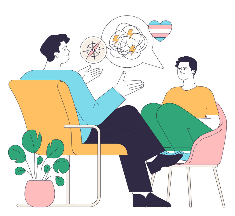 Gender transition. Gender-affirming therapy experience. Patient discusses their gender transition process with a supportive therapist. Flat vector illustration