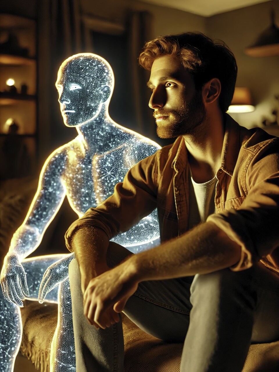 Journalist Erwin Vogelaar doet de test: “Zo is het om te daten met een AI-vriendje” AI afbeelding twee mannen op een bank