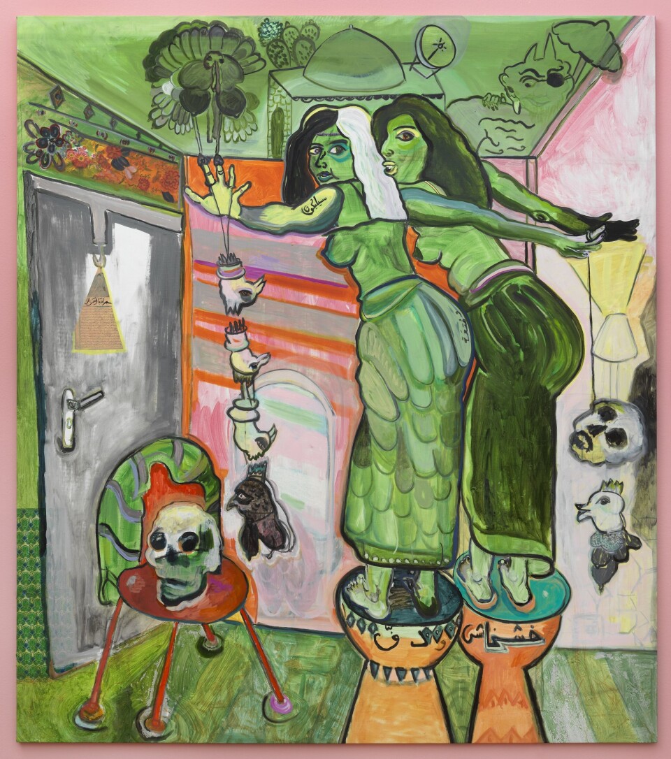 Mounira Al Solh, Silicone, Poppies and a Couple of Invisible Deffs, 2022, olieverf en collage op doek, 235 x 206 cm. Collectie Bonnefanten, verworven met steun van de VriendenLoterij. Mounira Al Solh, Silicone, Poppies and a Couple of Invisible Deffs