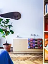 Licht interieur met skateboard, kamerplant, houten kast en kleurrijke opbergdozen.